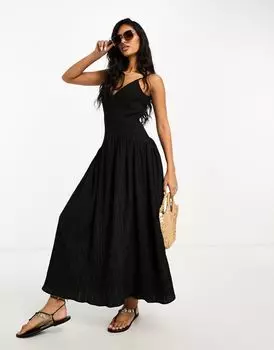 Черный жатый сарафан миди с пышной юбкой ASOS DESIGN
