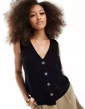 Черный жатый жилет с пуговицами спереди ASOS