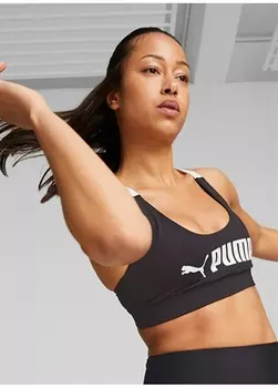 Черный женский спортивный бюстгальтер с U-образным вырезом и принтом Puma