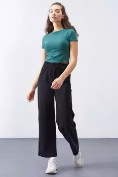 Черный женский спортивный костюм с карманом и высокой талией удобной формы и широкими штанинами TOMMYLIFE