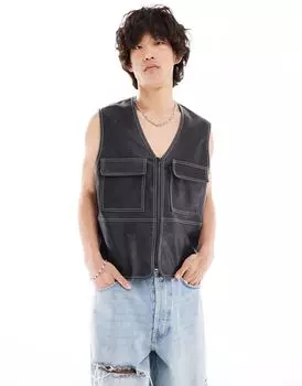Черный жилет из искусственной кожи с контрастной строчкой ASOS DESIGN