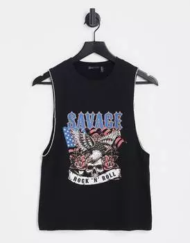 Черный жилет с принтом в стиле рок и стразами на проймах ASOS DESIGN