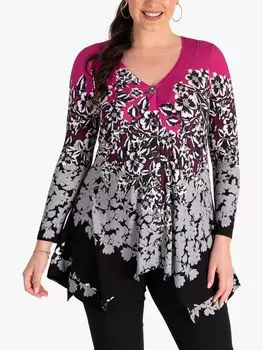 chesca Топ-туника с V-образным вырезом и асимметричным подолом с цветочным принтом, фуксия/серый