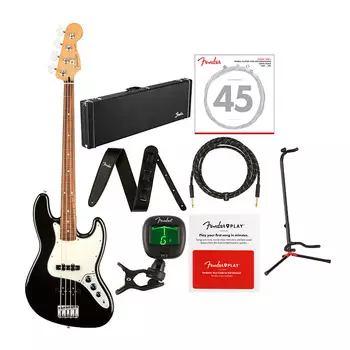 Четырехструнная бас-гитара Fender Player Jazz с деревянным корпусом, басовыми струнами, кожаным ремешком, кабелем, подставкой для гитары, тюнером и комплектом карт предоплаты