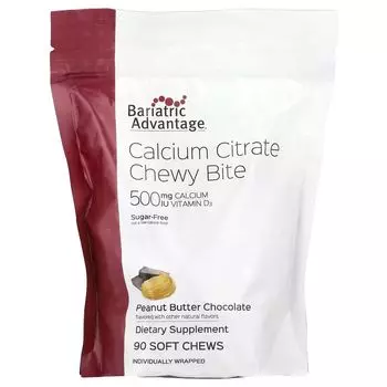 Chewy Bite с цитратом кальция, без сахара, шоколад с арахисовым маслом, 90 мягких жевательных конфет Bariatric Advantage