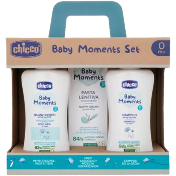 Chicco Baby Moments набор: жемчужная ванна для детей 0+, 200 мл + шампунь для волос для детей 0+, 200 мл + крем успокаивающий против натирания для детей 0+, 100 мл