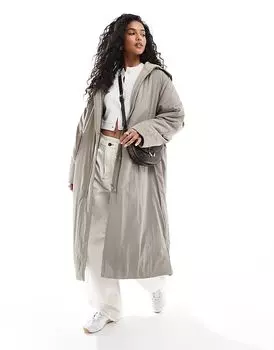 Чистый длинный пуховик с капюшоном в цвете шалфея ASOS DESIGN