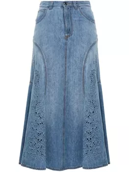 Chlo джинсовая юбка миди с цветочной вышивкой, синий