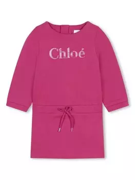 Chlo Kids хлопковое платье с вышитым логотипом, розовый