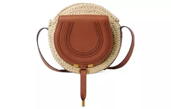Chlo Сумка Chloe Marcie из рафии с зернистой телячьей кожей, через плечо, обычная женская, коричневого цвета