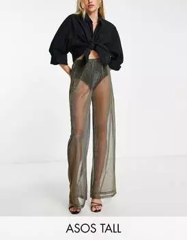 Чёрно-золотые прозрачные широкие пляжные брюки с эффектом металлик ASOS DESIGN Tall