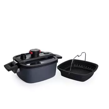 Чугунная форма для запекания Woll Active Lite, квадратная, 22 x 22 см, высота 9 см, 3,5 литра, с крышкой и насадкой для приготовления на пару в коробке