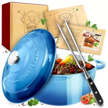 Чугунная кастрюля CRUSTEN ZAUBER [вкл. Вилка для мяса] - Высококачественная форма для запекания диаметром 26 см, подходящая для духовки - Идеальная жаровня с крышкой, индукционная кастрюля, эмалированная, чугунная форма для запекания Krustenzaub...