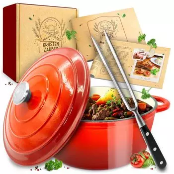 Чугунная кастрюля CRUSTEN ZAUBER [вкл. Вилка для мяса] - запеканка диаметром 26 см, подходящая для духовки - идеальная жаровня с крышкой, подходящей для духовки, индукционная кастрюля, эмалированная, чугунная форма для запекания Krustenzauber