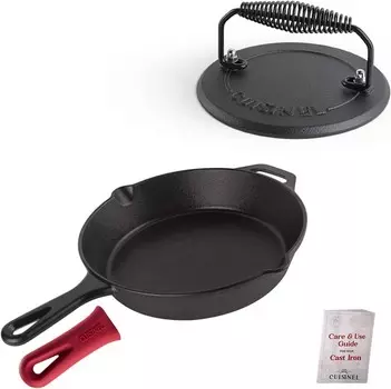 Чугунная сковорода — 10-дюймовая сковорода с носиками + силиконовая термостойкая ручка-держатель крышки — предварительно приправленная приправами + пресс для гриля — чугунный пресс для гамбургеров для бекона, стейков и разбитых гамбургеров Cuisi...