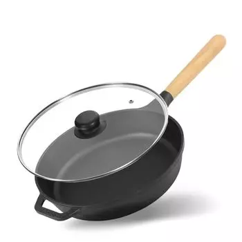 Чугунная сковорода 28см и глубиной 61мм BRIZOLL со стеклянной крышкой Сковорода из чугуна Железная сковорода Литая сковорода круглая с деревянной ручкой от 4big.fun ИНДУКЦИЯ для всех типов плит