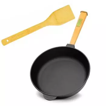 Чугунная сковорода Чугунная сковорода глубиной 24 см, индукционная кастрюля с деревянной ручкой Brizoll