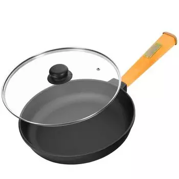 Чугунная сковорода диаметром 20 см и высотой 39 мм с деревянной ручкой и стеклянной крышкой. Индукционная сковорода Brizoll