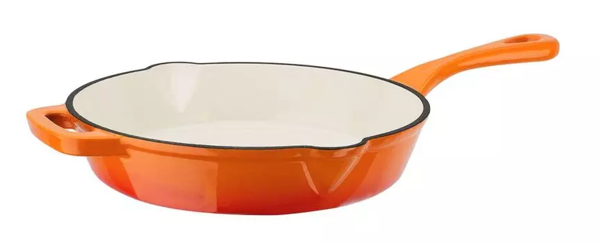 Чугунная сковорода GSW 26 см с 2-мя носиками, оранжево-красная эмаль