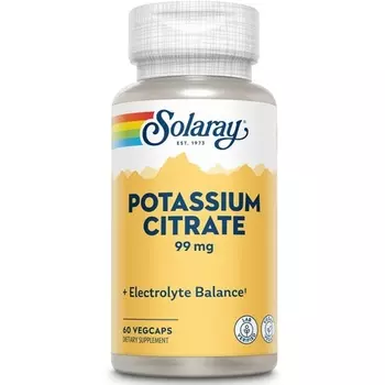 Цитрат калия, здоровый электролитный баланс, поддержка функций нервов и мышц, веганский, 60 растительных капсул, Solaray