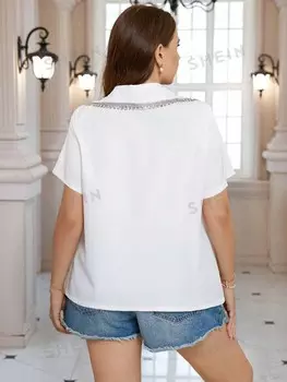 Clasi Большие размеры женские летние свободные элегантные топы с короткими рукавами и украшением из страз Shein, белый
