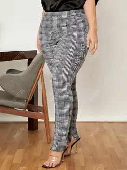 Clasi Брюки больших размеров, клетчатый узор, разрез по низу, карманы Shein, черно-белый