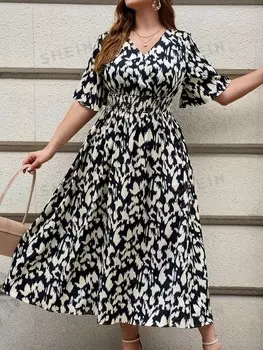Clasi, Длинное рабочее платье, принт, большие размеры, стиль кантри, элегантное, летнее, асимметричной формы Shein, черно-белый