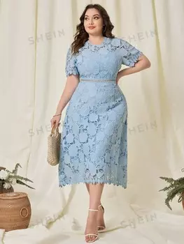 Clasi Элегантное Однотонное Однотонное кружевное платье размера плюс на талии для лета, свадебные платья подружки невесты Shein, синий