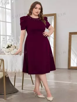 Clasi Элегантное Однотонное платье размера плюс с овечьими рукавами и круглым вырезом с жемчужным декором и присборенной талией на весну/лето Shein, фиолетовый