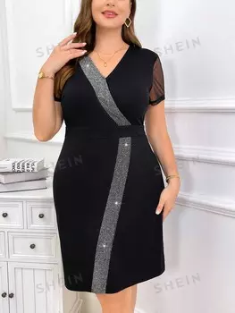 Clasi Элегантное трикотажное праздничное платье больших размеров со сверкающими лоскутными узорами для лета Shein, черный