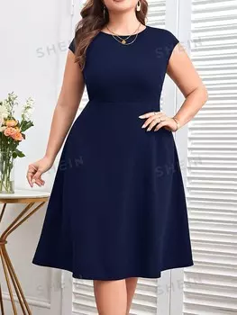 Clasi Элегантное Женское платье больших размеров длиной до колена с круглым вырезом и летними расклешенными рукавами Shein, темно-синий