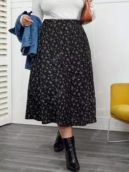 Clasi Юбка с завышенной талией и цветочным принтом больших размеров Shein, черный