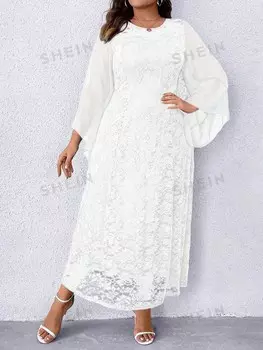 Clasi Кружевное платье больших размеров, вышитый узор из ткани. Расклешенные рукава Shein, белый