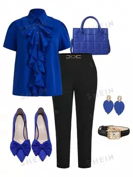 Clasi Летние однотонные топы больших размеров с короткими рукавами и оборками Shein, темно-синий