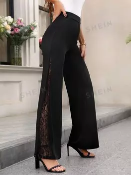 Clasi Модные брюки-клеш больших размеров с кружевом Shein, черный