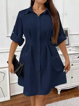 Clasi, Однотонное платье, цвет плиссе, готовое Shein, темно-синий