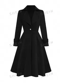 Clasi, Однотонное шерстяное пальто с воротником, длинными рукавами, одной пуговицей, простой и элегантный стиль. Для женщин больших размеров Shein, черный