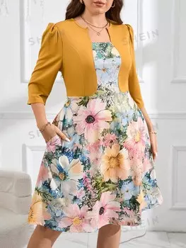 Clasi Платье А-силуэта, цветочный принт, размер Plus Size, фасон 2 в 1, короткие рукава и плиссированная талия, для формы учителя, имеет карманы Shein, мультиколор
