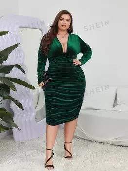 Clasi, Платье больших размеров, мятые швы, бархатная ткань, Облегающий крой Shein, темно-зеленый