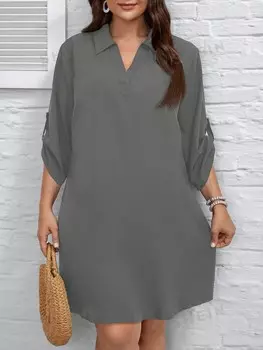 Clasi Платье больших размеров, v-образный вырез, рукава подвернуты Shein, серый