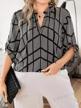 Clasi Plus Блузка в горошек с рукавами с пряжками Shein, черный