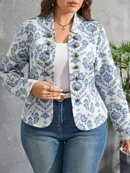 Clasi Plus Двубортное пальто с цветочным принтом для весны и осени Shein, синий/белый