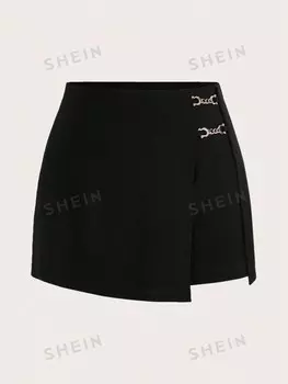 Clasi Plus Юбка Брюки с цепочкой и запахом спереди, черные Shein, черный