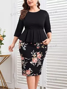 Clasi Плюс Размер Однотонная плиссированная блузка и комплект из юбки с цветочным узором Shein, мультиколор