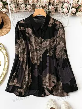 Clasi Плюс размер Женская весна/лето свободная рубашка с цветочным принтом и длинным рукавом Shein, черный