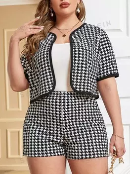 Clasi Plus Size - Женский комплект из рубашки и шорт в клетку с открытой передней частью Shein, черно-белый