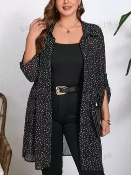 Clasi повседневная рубашка больших размеров на пуговицах с закатанными рукавами и принтом в горошек Shein, черно-белый