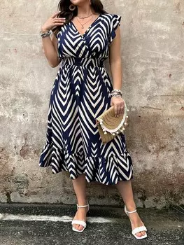 Clasi Праздничное платье больших размеров с принтом на талии и оборками по подолу Shein, темно-синий