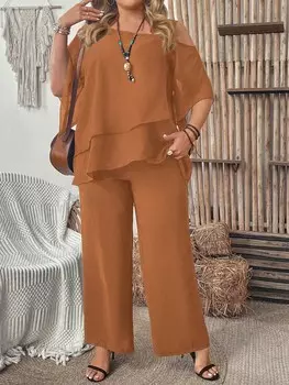 Clasi Праздничный повседневный однотонный асимметричный воротник и брюки больших размеров, комплект из двух предметов Shein, коричневый