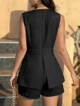 Clasi Простой летний комбинезон без рукавов с глубоким V-образным вырезом Shein, черный